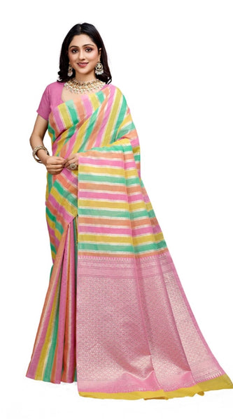 Mayawye Women's Cotton Blended Printed Saree With Unstitched Blouse 5.5Mtr (Pink)