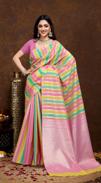 Mayawye Women's Cotton Blended Printed Saree With Unstitched Blouse 5.5Mtr (Pink)
