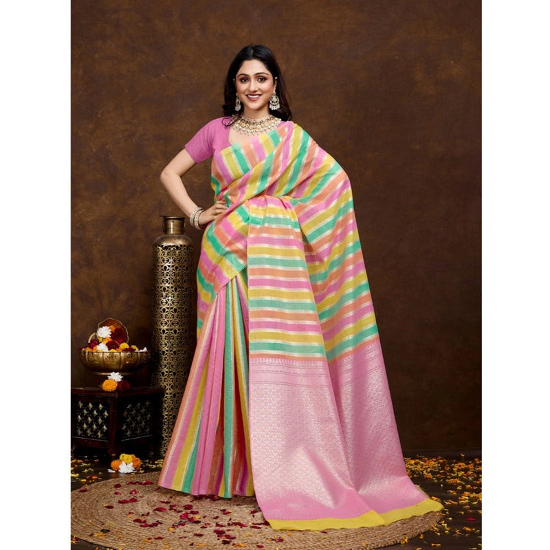 Mayawye Women's Cotton Blended Printed Saree With Unstitched Blouse 5.5Mtr (Pink)