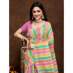 Mayawye Women's Cotton Blended Printed Saree With Unstitched Blouse 5.5Mtr (Pink)