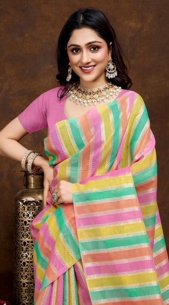 Mayawye Women's Cotton Blended Printed Saree With Unstitched Blouse 5.5Mtr (Pink)