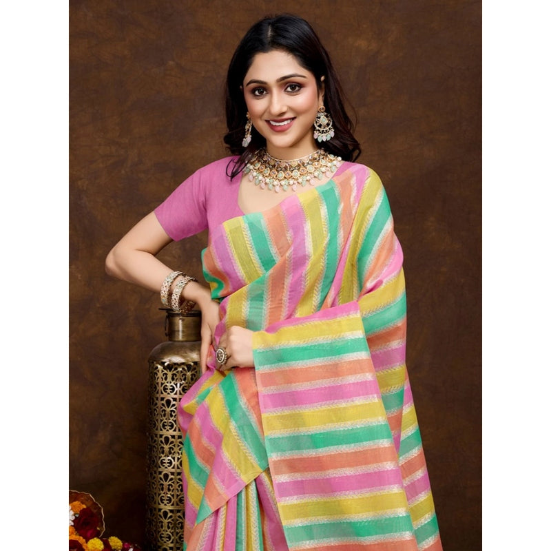 Mayawye Women's Cotton Blended Printed Saree With Unstitched Blouse 5.5Mtr (Pink)