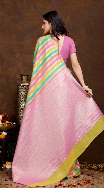 Mayawye Women's Cotton Blended Printed Saree With Unstitched Blouse 5.5Mtr (Pink)