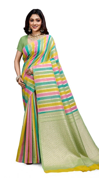 Mayawye Women's Cotton Blended Printed Saree With Unstitched Blouse 5.5Mtr (Pista)