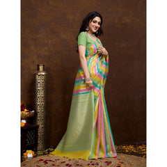 Mayawye Women's Cotton Blended Printed Saree With Unstitched Blouse 5.5Mtr (Pista)
