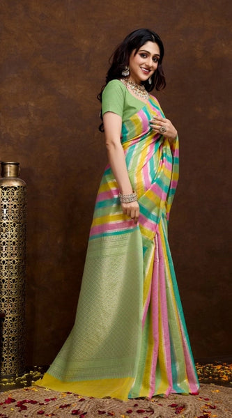 Mayawye Women's Cotton Blended Printed Saree With Unstitched Blouse 5.5Mtr (Pista)