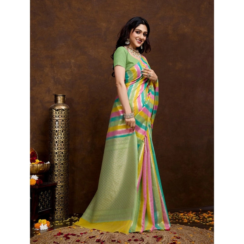 Mayawye Women's Cotton Blended Printed Saree With Unstitched Blouse 5.5Mtr (Pista)