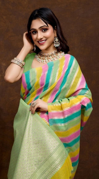 Mayawye Women's Cotton Blended Printed Saree With Unstitched Blouse 5.5Mtr (Pista)