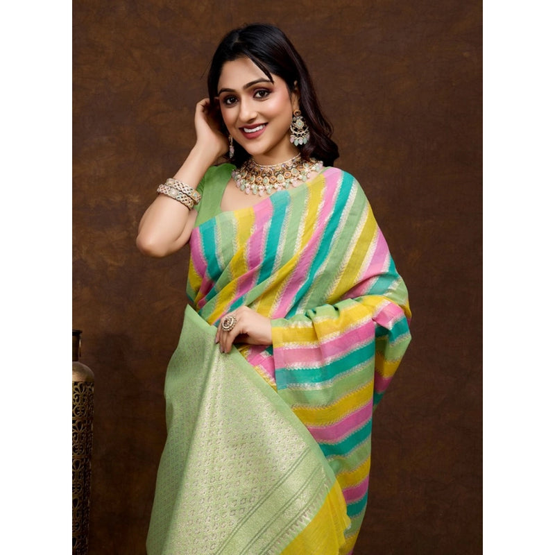 Mayawye Women's Cotton Blended Printed Saree With Unstitched Blouse 5.5Mtr (Pista)