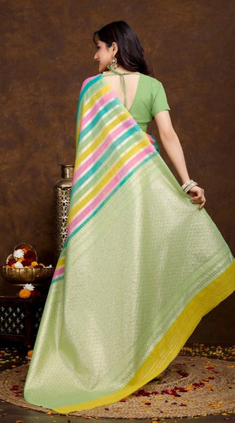 Mayawye Women's Cotton Blended Printed Saree With Unstitched Blouse 5.5Mtr (Pista)