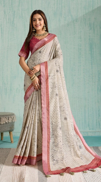 Mayawye Women's Silk Blend Printed Saree With Unstitched Blouse 5.5Mtr (Beige)