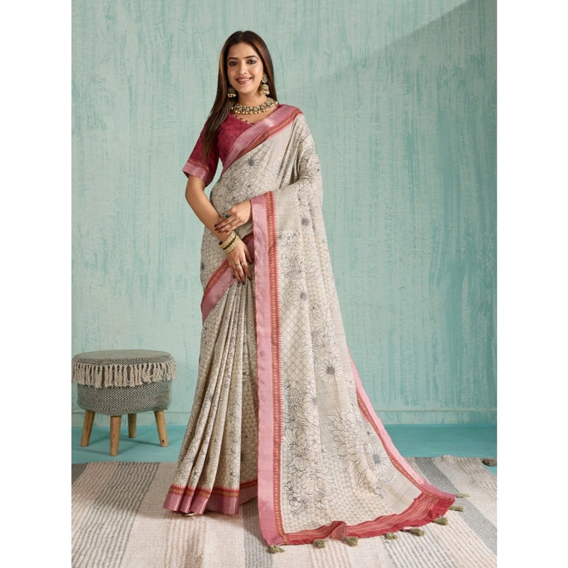 Mayawye Women's Silk Blend Printed Saree With Unstitched Blouse 5.5Mtr (Beige)