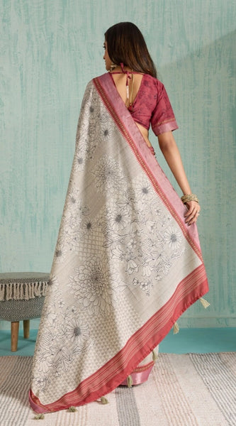 Mayawye Women's Silk Blend Printed Saree With Unstitched Blouse 5.5Mtr (Beige)