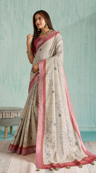 Mayawye Women's Silk Blend Printed Saree With Unstitched Blouse 5.5Mtr (Beige)