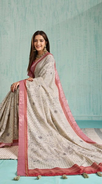 Mayawye Women's Silk Blend Printed Saree With Unstitched Blouse 5.5Mtr (Beige)