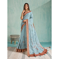 Mayawye Women's Silk Blend Printed Saree With Unstitched Blouse 5.5Mtr (Blue)