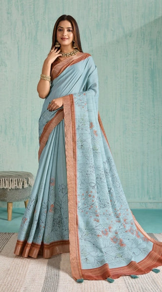 Mayawye Women's Silk Blend Printed Saree With Unstitched Blouse 5.5Mtr (Blue)
