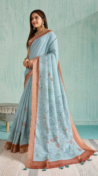 Mayawye Women's Silk Blend Printed Saree With Unstitched Blouse 5.5Mtr (Blue)