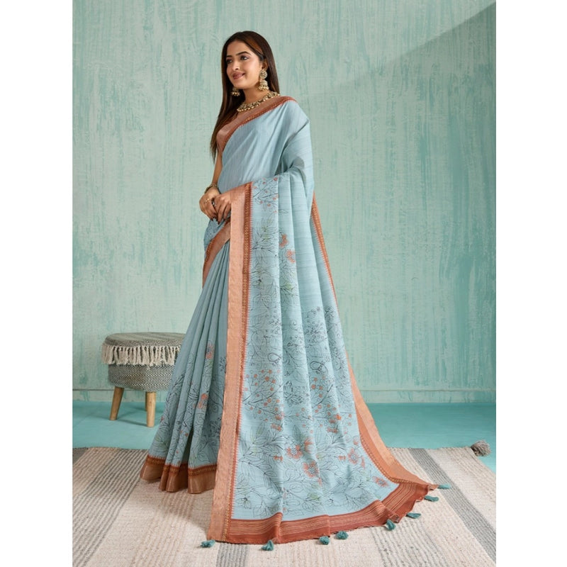 Mayawye Women's Silk Blend Printed Saree With Unstitched Blouse 5.5Mtr (Blue)