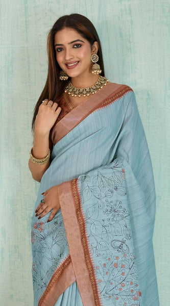 Mayawye Women's Silk Blend Printed Saree With Unstitched Blouse 5.5Mtr (Blue)