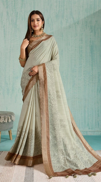 Mayawye Women's Silk Blend Printed Saree With Unstitched Blouse 5.5Mtr (Green)