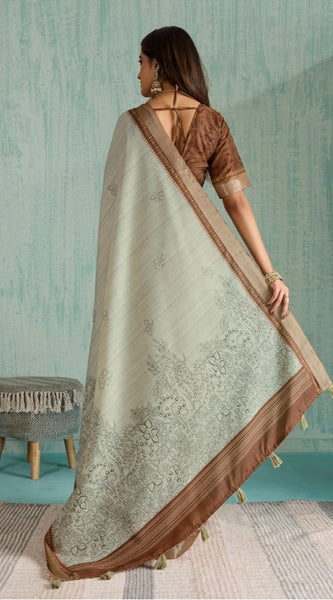 Mayawye Women's Silk Blend Printed Saree With Unstitched Blouse 5.5Mtr (Green)