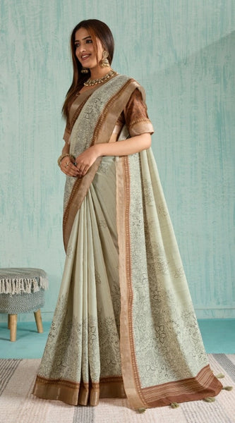 Mayawye Women's Silk Blend Printed Saree With Unstitched Blouse 5.5Mtr (Green)