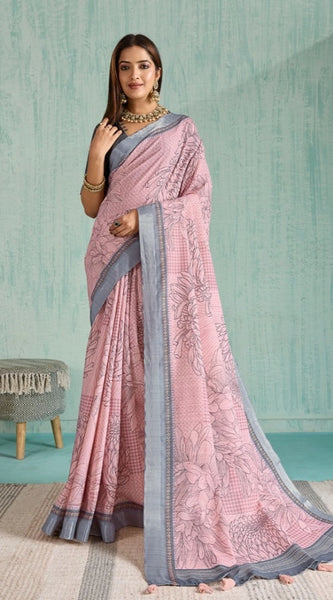 Mayawye Women's Silk Blend Printed Saree With Unstitched Blouse 5.5Mtr (Pink)