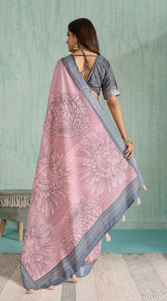 Mayawye Women's Silk Blend Printed Saree With Unstitched Blouse 5.5Mtr (Pink)