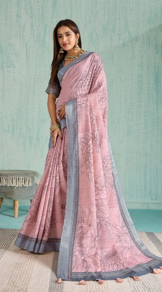 Mayawye Women's Silk Blend Printed Saree With Unstitched Blouse 5.5Mtr (Pink)