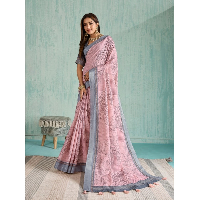 Mayawye Women's Silk Blend Printed Saree With Unstitched Blouse 5.5Mtr (Pink)
