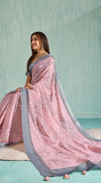 Mayawye Women's Silk Blend Printed Saree With Unstitched Blouse 5.5Mtr (Pink)
