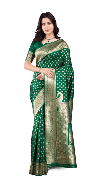 Mayawye Women's Banarasi Silk Printed Saree With Unstitched Blouse 5.5Mtr (Green)