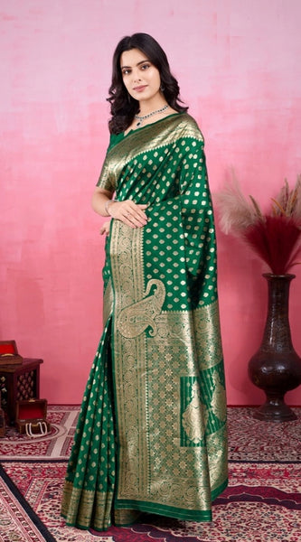 Mayawye Women's Banarasi Silk Printed Saree With Unstitched Blouse 5.5Mtr (Green)