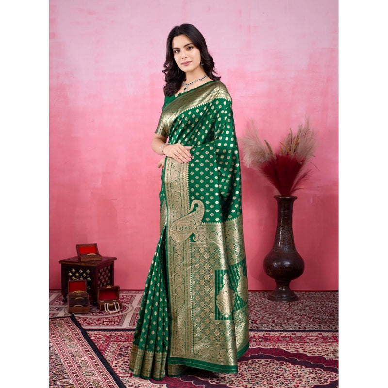 Mayawye Women's Banarasi Silk Printed Saree With Unstitched Blouse 5.5Mtr (Green)