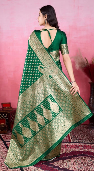 Mayawye Women's Banarasi Silk Printed Saree With Unstitched Blouse 5.5Mtr (Green)