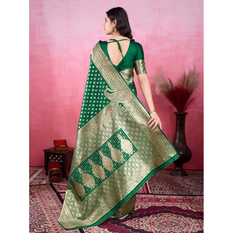 Mayawye Women's Banarasi Silk Printed Saree With Unstitched Blouse 5.5Mtr (Green)