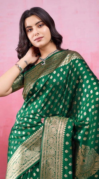 Mayawye Women's Banarasi Silk Printed Saree With Unstitched Blouse 5.5Mtr (Green)