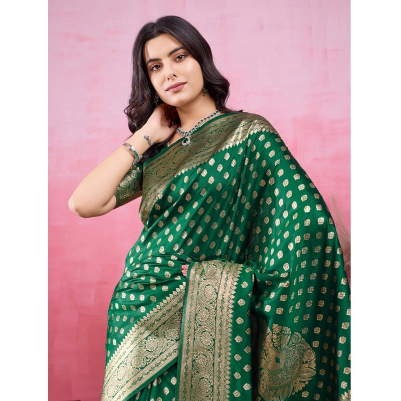 Mayawye Women's Banarasi Silk Printed Saree With Unstitched Blouse 5.5Mtr (Green)
