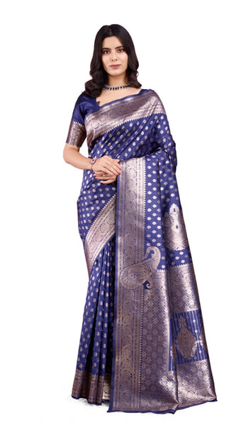 Mayawye Women's Banarasi Silk Printed Saree With Unstitched Blouse 5.5Mtr (Blue)