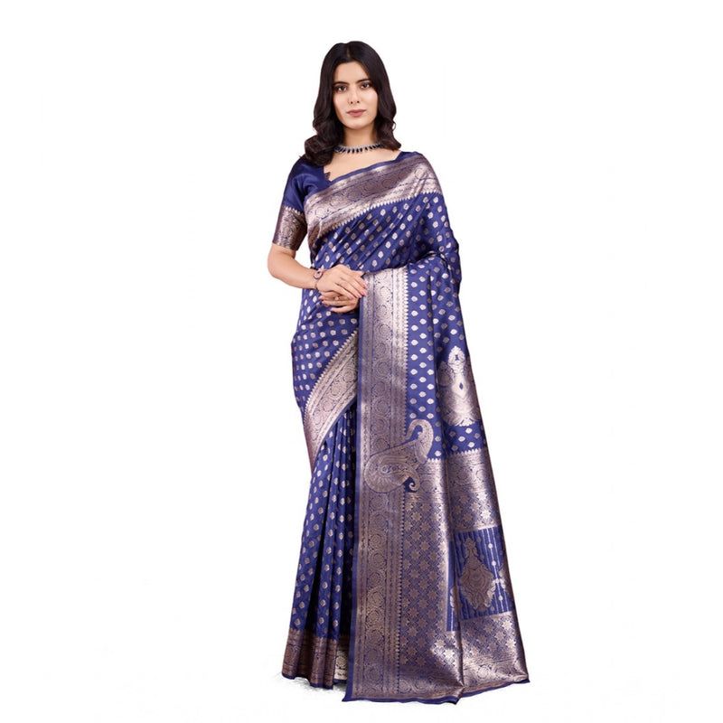 Mayawye Women's Banarasi Silk Printed Saree With Unstitched Blouse 5.5Mtr (Blue)