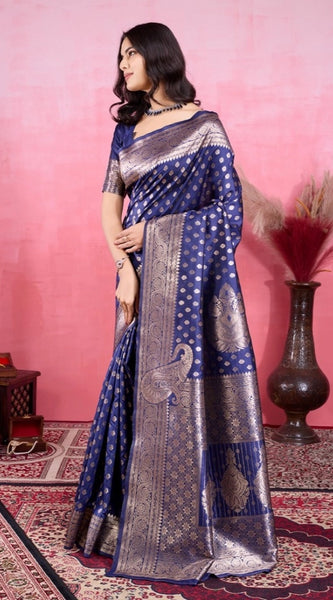 Mayawye Women's Banarasi Silk Printed Saree With Unstitched Blouse 5.5Mtr (Blue)