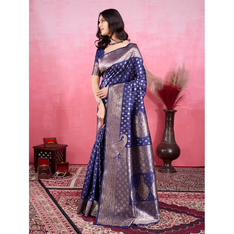 Mayawye Women's Banarasi Silk Printed Saree With Unstitched Blouse 5.5Mtr (Blue)