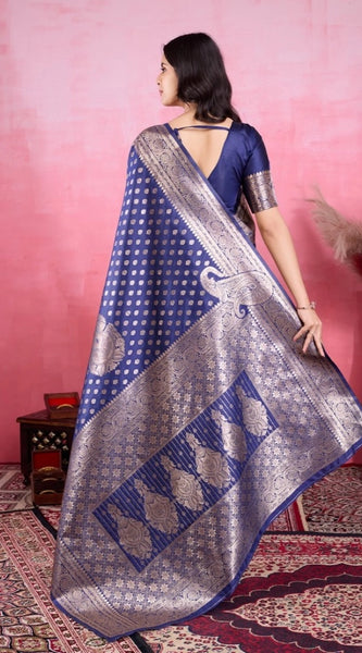 Mayawye Women's Banarasi Silk Printed Saree With Unstitched Blouse 5.5Mtr (Blue)