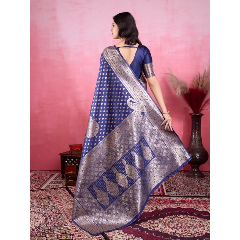 Mayawye Women's Banarasi Silk Printed Saree With Unstitched Blouse 5.5Mtr (Blue)