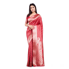 Mayawye Women's Banarasi Silk Printed Saree With Unstitched Blouse 5.5Mtr (Red)