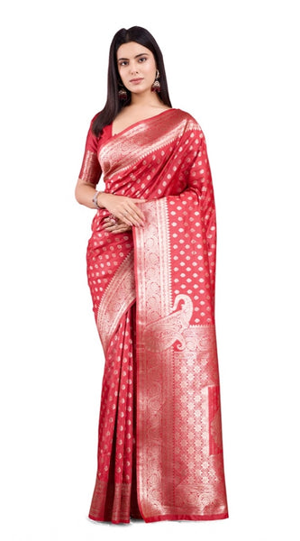 Mayawye Women's Banarasi Silk Printed Saree With Unstitched Blouse 5.5Mtr (Red)