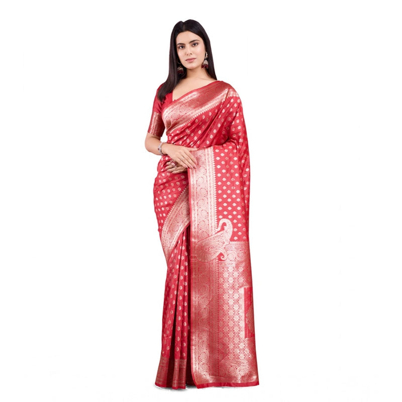 Mayawye Women's Banarasi Silk Printed Saree With Unstitched Blouse 5.5Mtr (Red)