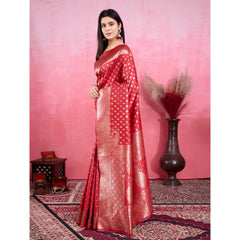 Mayawye Women's Banarasi Silk Printed Saree With Unstitched Blouse 5.5Mtr (Red)