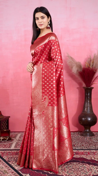 Mayawye Women's Banarasi Silk Printed Saree With Unstitched Blouse 5.5Mtr (Red)